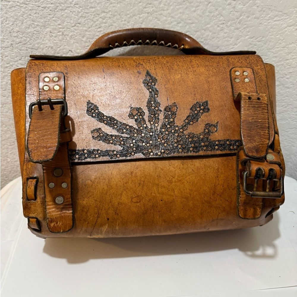 Vintage tooled leather bag  brown tooled leather hand painted “Sneaky Jack”
